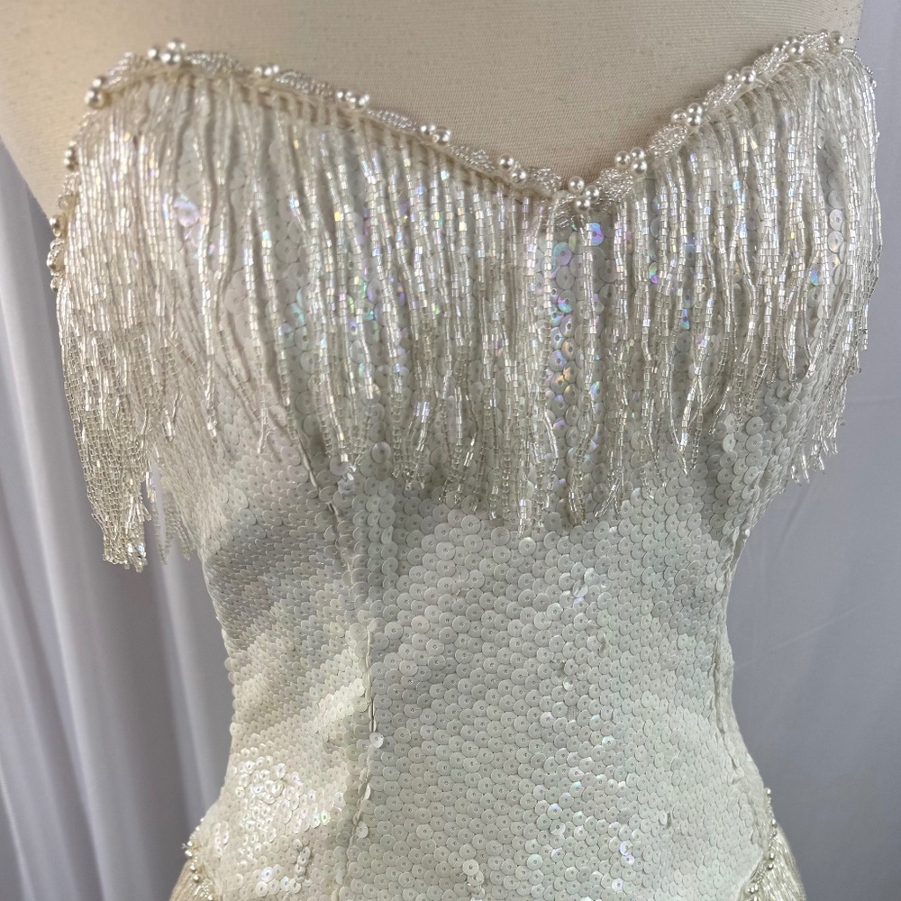 Size S//Vintage Lillie Rubin White Sequin Strapless Dress with Fringe